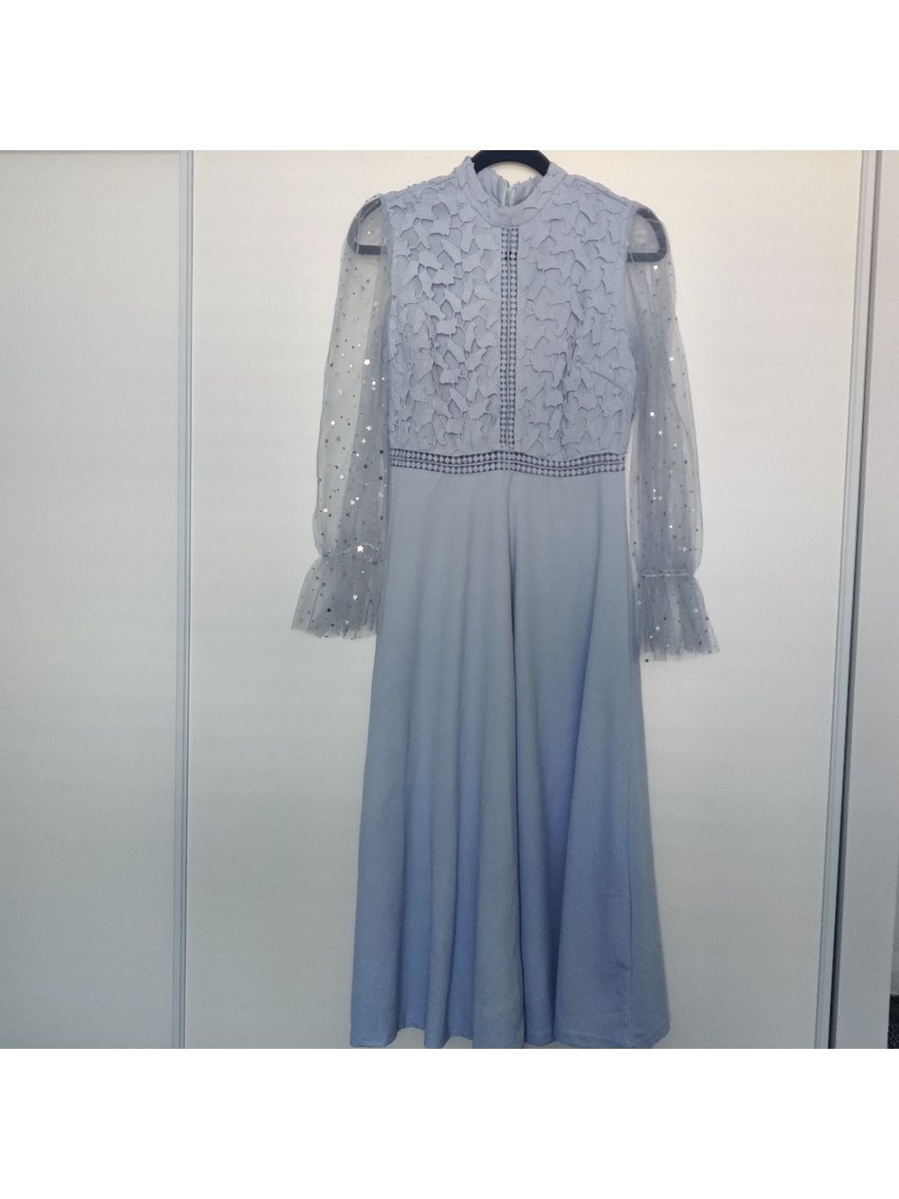 SHEIN Blue Floral Lace Midi Dress Sequin Sheer Sleeve Wedding Guest M 0501 - Picture 3 of 9